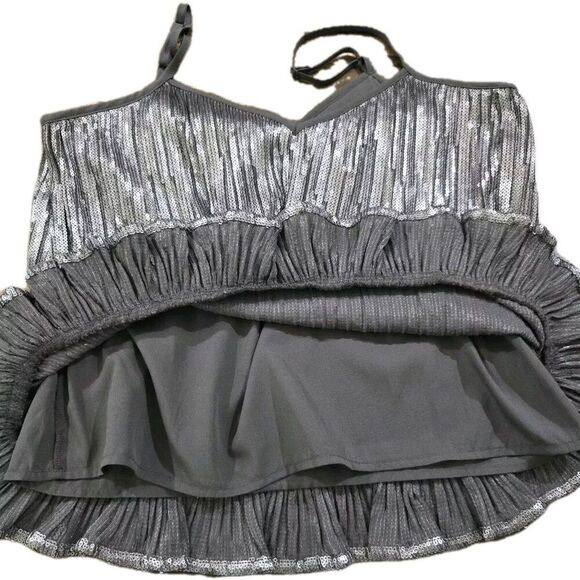 Anthropologie Sequin Cami Top Womens Size 4 Amelie Blouse Pleated Peplum Silver - Picture 9 of 11